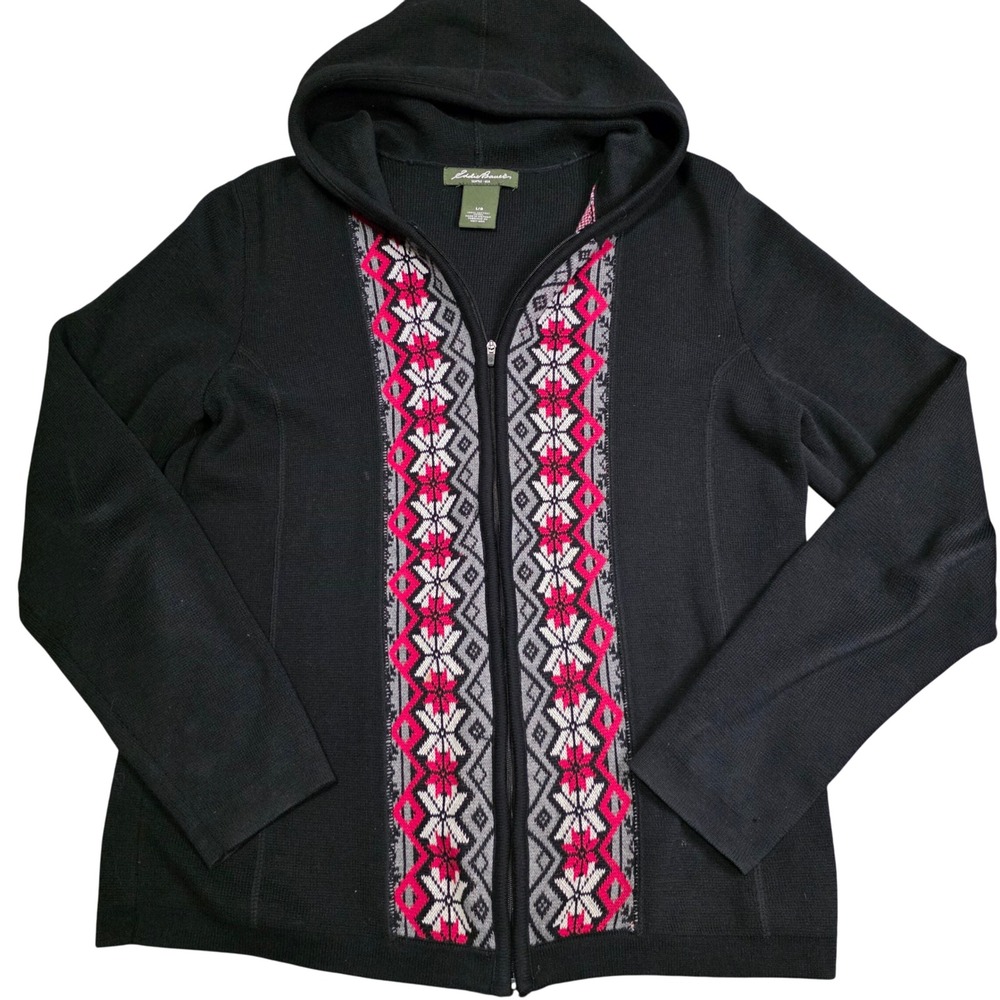 Eddie Bauer Womens Black Full Zip Hoodie Fair Isle Geometric Knit Sweater L